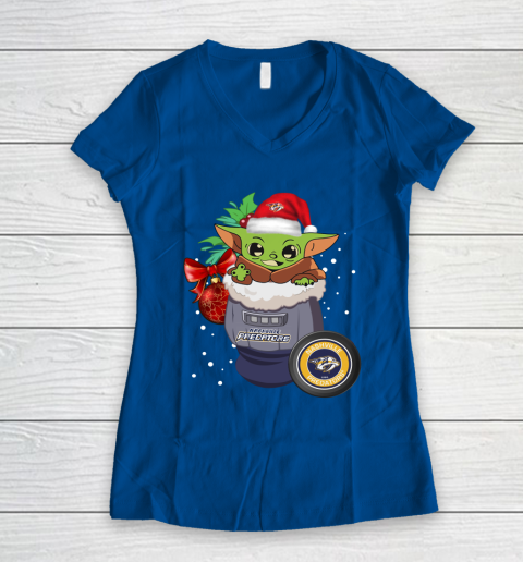 Nashville Predators Christmas Baby Yoda Star Wars Funny Happy NHL Women's V-Neck T-Shirt 9