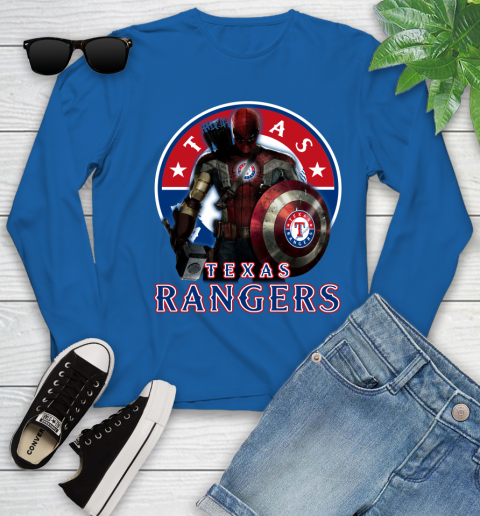 MLB Captain America Thor Spider Man Hawkeye Avengers Endgame Baseball Texas Rangers Youth Long Sleeve 9
