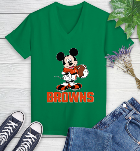 NFL Football Cleveland Browns Cheerful Mickey Mouse Shirt Women's V-Neck T-Shirt 5