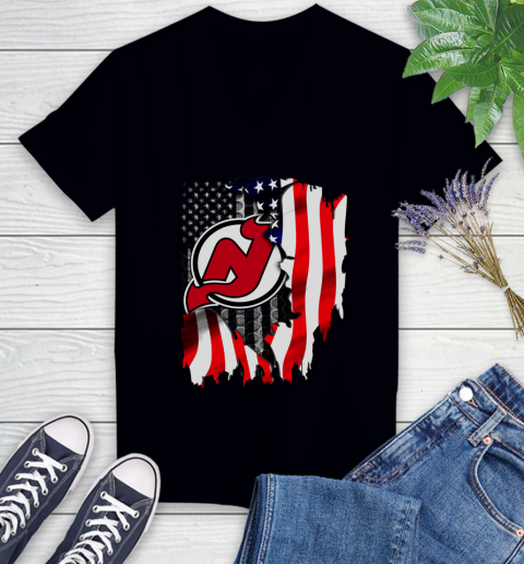 New Jersey Devils NHL Hockey American Flag Women's V-Neck T-Shirt
