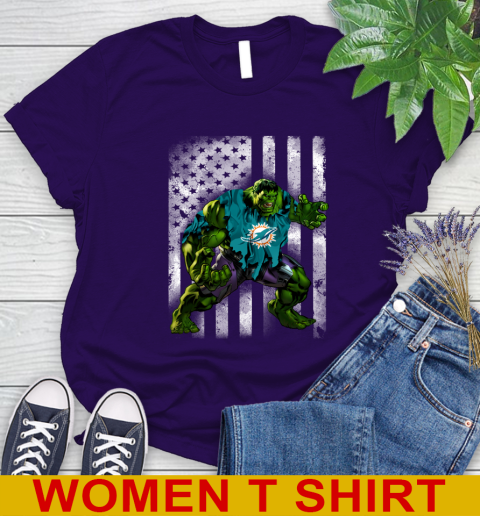 Miami Dolphins Hulk Marvel Avengers NFL Football American Flag Women's T-Shirt 4