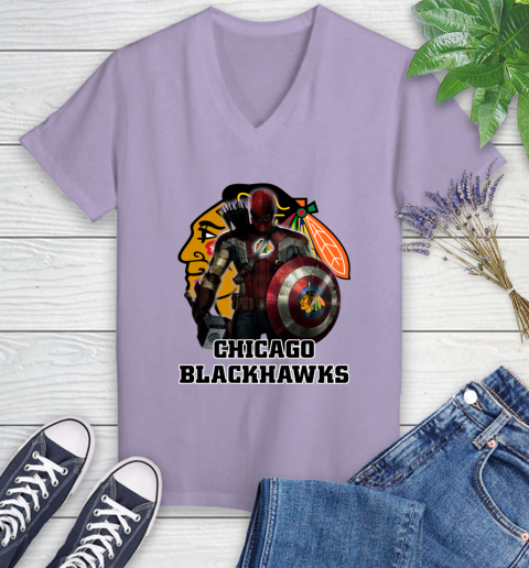 NHL Captain America Thor Spider Man Hawkeye Avengers Endgame Hockey Chicago Blackhawks Women's V-Neck T-Shirt 14