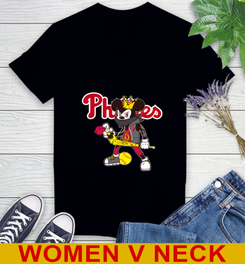 Philadelphia Phillies MLB Baseball Mickey Peace Sign Sports Women's V-Neck T-Shirt 2