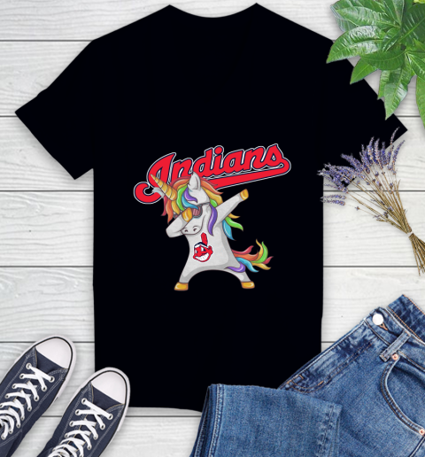 Cleveland Indians MLB Baseball Funny Unicorn Dabbing Sports Women's V-Neck T-Shirt 2