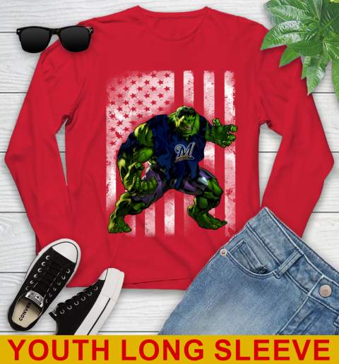 Milwaukee Brewers Hulk Marvel Avengers MLB Baseball American Flag Youth Long Sleeve 11