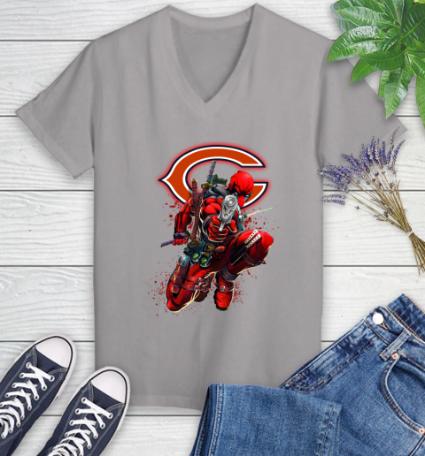 NFL Deadpool Marvel Comics Sports Football Chicago Bears Women's V-Neck T-Shirt 4