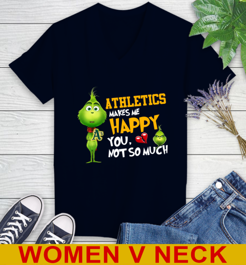 MLB Oakland Athletics Makes Me Happy You Not So Much Grinch Baseball Sports Women's V-Neck T-Shirt 2