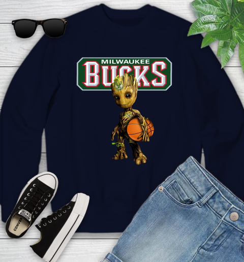 Milwaukee Bucks NBA Basketball Groot Marvel Guardians Of The Galaxy Youth Sweatshirt 3