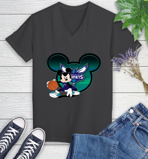 NBA Charlotte Hornets Mickey Mouse Disney Basketball Women's V-Neck T-Shirt 8