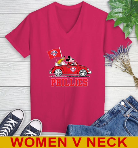 MLB Baseball Philadelphia Phillies Pluto Mickey Driving Disney Shirt Women's V-Neck T-Shirt 10