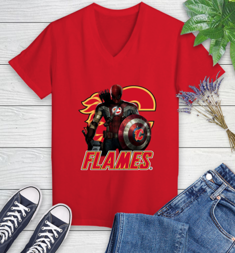 NHL Captain America Thor Spider Man Hawkeye Avengers Endgame Hockey Calgary Flames Women's V-Neck T-Shirt 12