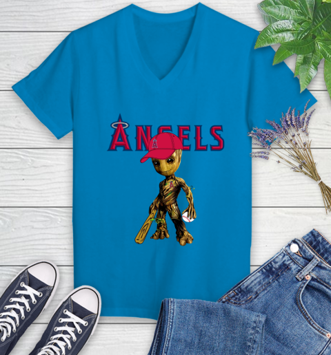 MLB Los Angeles Angels Groot Guardians Of The Galaxy Baseball Women's V-Neck T-Shirt 7
