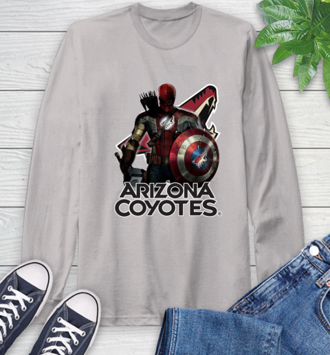 NHL Captain America Thor Spider Man Hawkeye Avengers Endgame Hockey Arizona Coyotes Long Sleeve T-Shirt 12