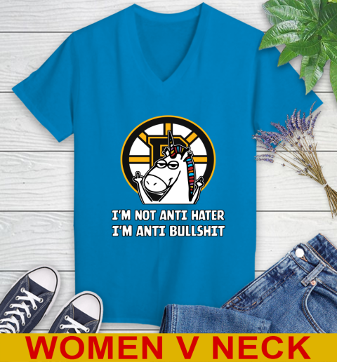 Boston Bruins NHL Hockey Unicorn I'm Not Anti Hater I'm Anti Bullshit Women's V-Neck T-Shirt 8