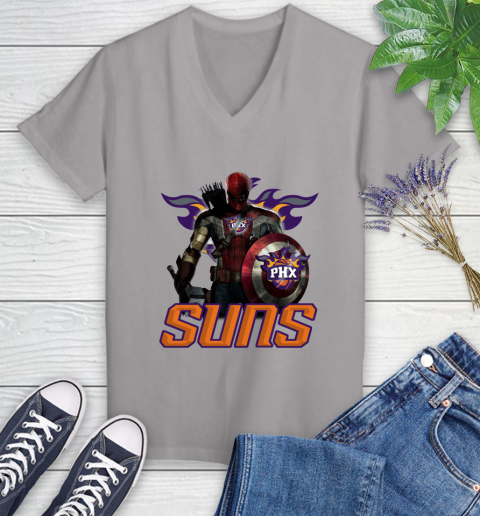 Phoenix Suns NBA Basketball Captain America Thor Spider Man Hawkeye Avengers Women's V-Neck T-Shirt 4