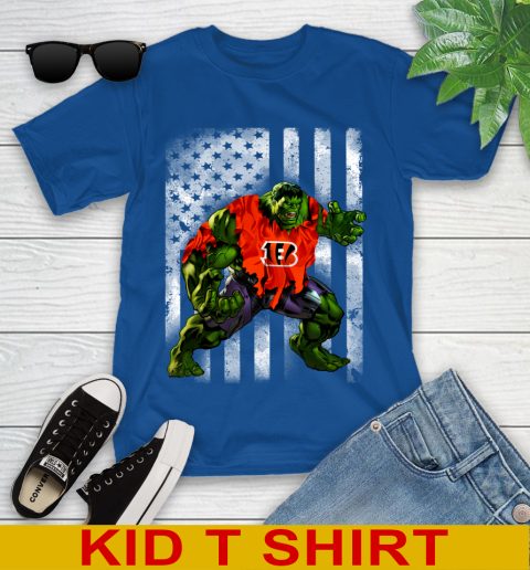 Cincinnati Bengals Hulk Marvel Avengers NFL Football American Flag Youth T-Shirt 10