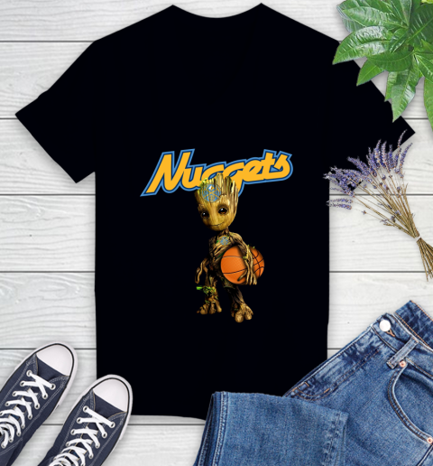 Denver Nuggets NBA Basketball Groot Marvel Guardians Of The Galaxy Women's V-Neck T-Shirt 2