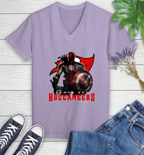 NFL Captain America Thor Spider Man Hawkeye Avengers Endgame Football Tampa Bay Buccaneers Women's V-Neck T-Shirt 14