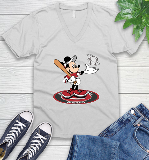 MLB Baseball Cincinnati Reds Cheerful Mickey Disney Shirt V-Neck T-Shirt 2