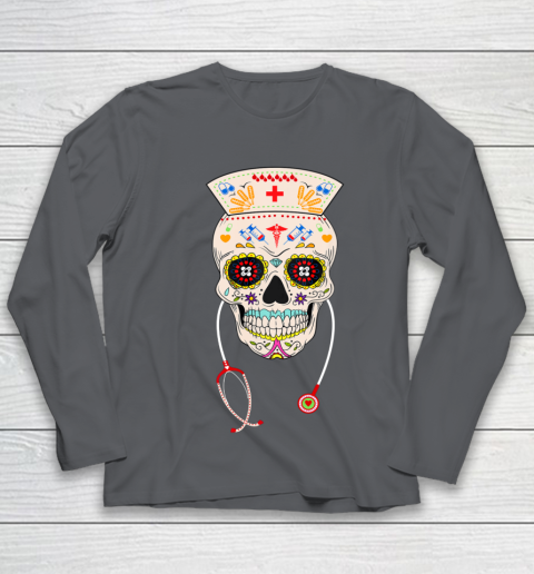 Nurse Sugar Skull Shirt Halloween Day Of The Dead Dia De Los Youth Long Sleeve 6
