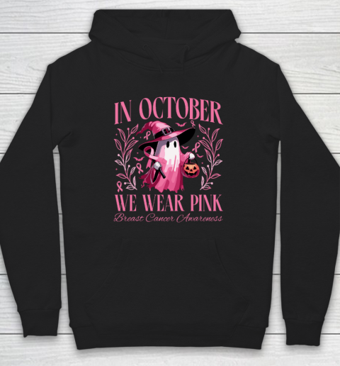 In October We Wear Pink Witch Ghost Pumpkin Breast Cancer Hoodie