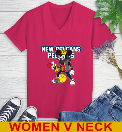 New Orleans Pelicans NBA Basketball Mickey Peace Sign Sports Women's V-Neck T-Shirt 10