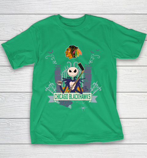 NHL Chicago Blackhawks Hockey Jack Skellington Halloween Youth T-Shirt 3