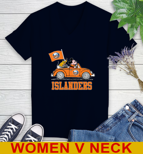 NHL Hockey New York Islanders Pluto Mickey Driving Disney Shirt Women's V-Neck T-Shirt 3