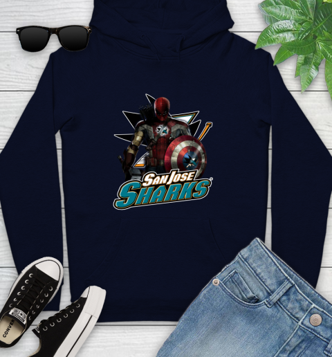 NHL Captain America Thor Spider Man Hawkeye Avengers Endgame Hockey San Jose Sharks Youth Hoodie 4