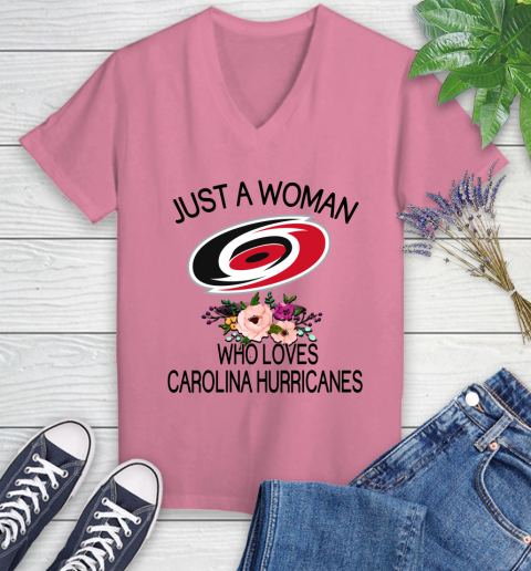 NHL Just A Woman Who Loves Carolina Hurricanes Hockey Sports Women's V-Neck T-Shirt 8