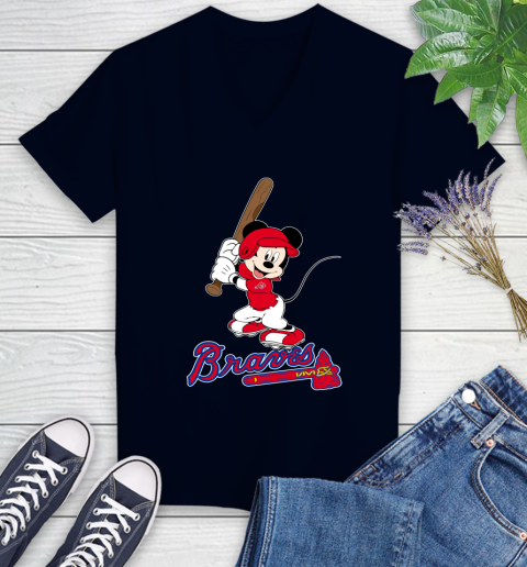 MLB Baseball Atlanta Braves Cheerful Mickey Mouse Shirt Women's V-Neck T-Shirt 4 MLB Baseball Atlanta Braves Cheerful Mickey Mouse Shirt Women's V-Neck T-Shirt - Image 4