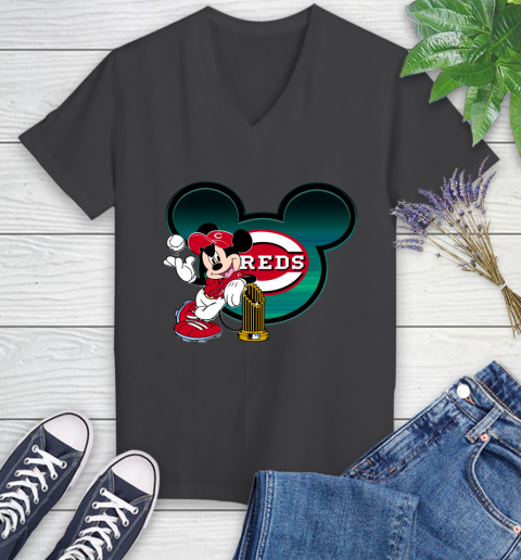 MLB Cincinnati Reds The Commissioner's Trophy Mickey Mouse Disney Women's V-Neck T-Shirt 8