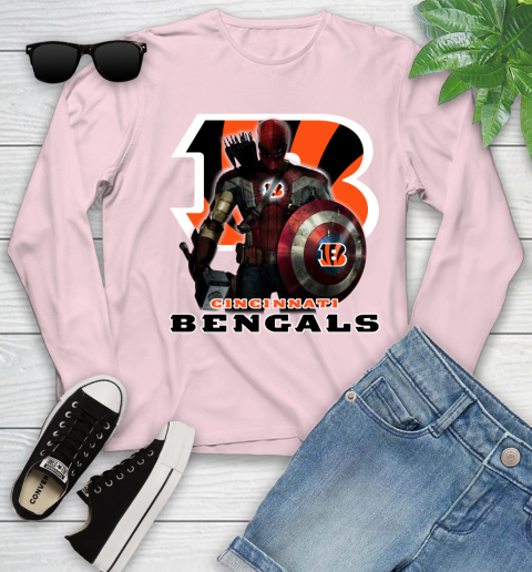 NFL Captain America Thor Spider Man Hawkeye Avengers Endgame Football Cincinnati Bengals Youth Long Sleeve 10