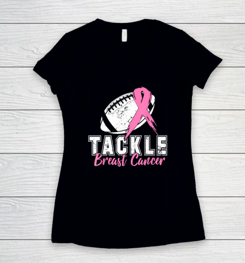 Tackle Football Pink Ribbon Breast Cancer Awareness Women's V-Neck T-Shirt