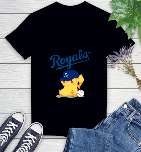 MLB Pikachu Baseball Sports Kansas City Royals Women's V-Neck T-Shirt 2