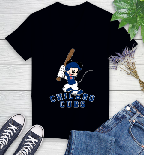 MLB Baseball Chicago Cubs Cheerful Mickey Mouse Shirt Women's V-Neck T-Shirt