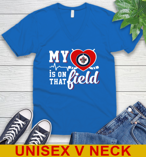 NHL My Heart Is On That Field Hockey Sports Winnipeg Jets V-Neck T-Shirt 5