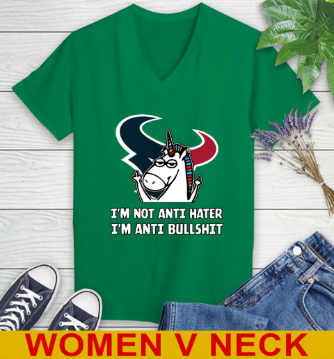 Houston Texans NFL Football Unicorn I'm Not Anti Hater I'm Anti Bullshit Women's V-Neck T-Shirt 6