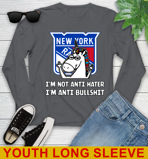 New York Rangers NHL Hockey Unicorn I'm Not Anti Hater I'm Anti Bullshit Youth Long Sleeve 9