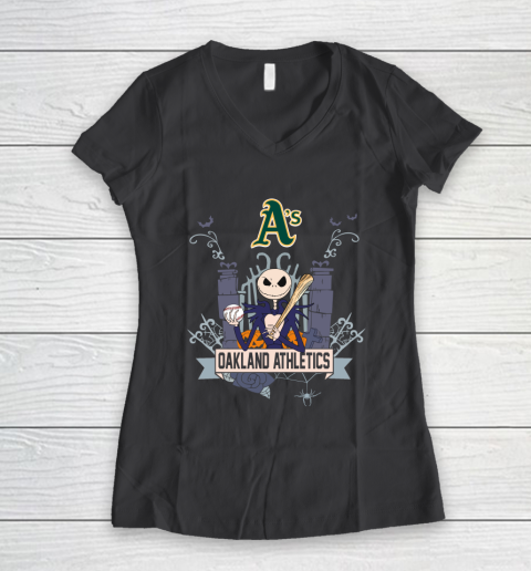 MLB Oakland Athletics Baseball Jack Skellington Halloween Women's V-Neck T-Shirt 6