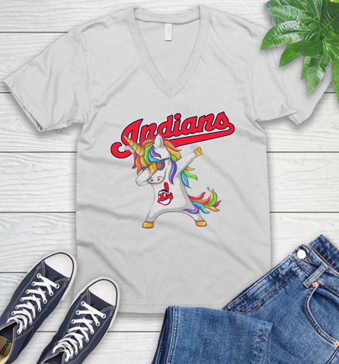 Cleveland Indians MLB Baseball Funny Unicorn Dabbing Sports V-Neck T-Shirt