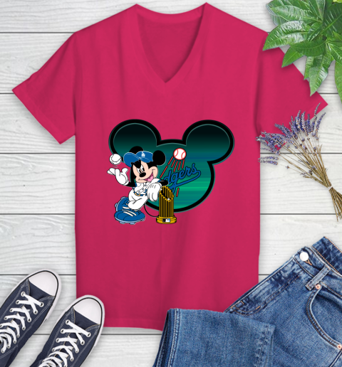 MLB Los Angeles Dodgers The Commissioner's Trophy Mickey Mouse Disney Women's V-Neck T-Shirt 9