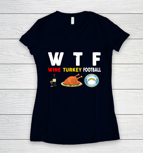 Los Angeles Chargers Giving Day WTF Wine Turkey Football NFL Women's V-Neck T-Shirt 2