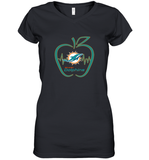 Apple Heartbeat Teacher Symbol Miami Dolphins Women's V-Neck T-Shirt