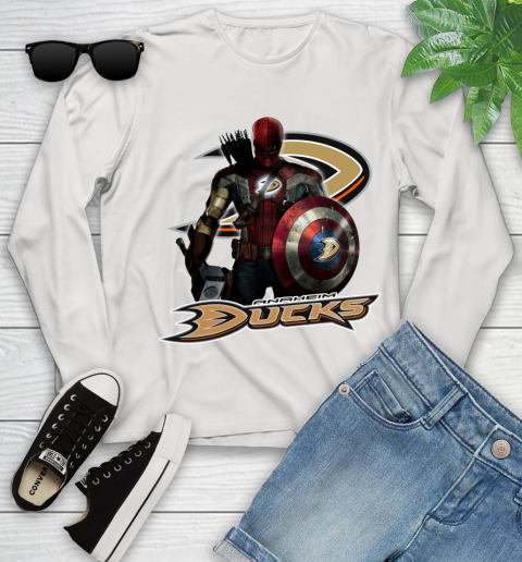 NHL Captain America Thor Spider Man Hawkeye Avengers Endgame Hockey Anaheim Ducks Youth Long Sleeve