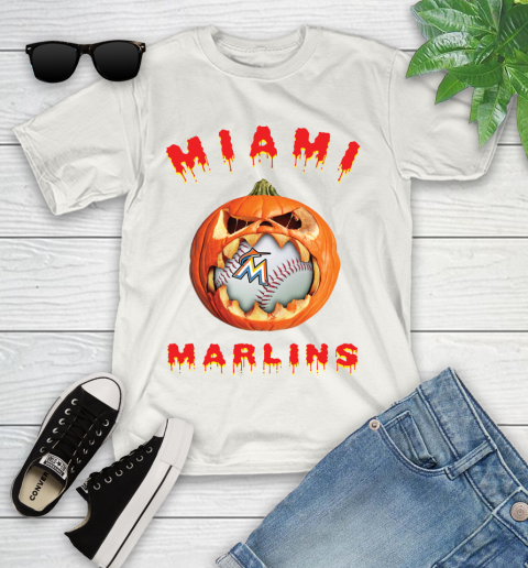MLB Miami Marlins Halloween Pumpkin Baseball Sports Youth T-Shirt