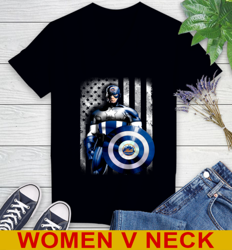 New York Mets MLB Baseball Captain America Marvel Avengers American Flag Shirt Women's V-Neck T-Shirt