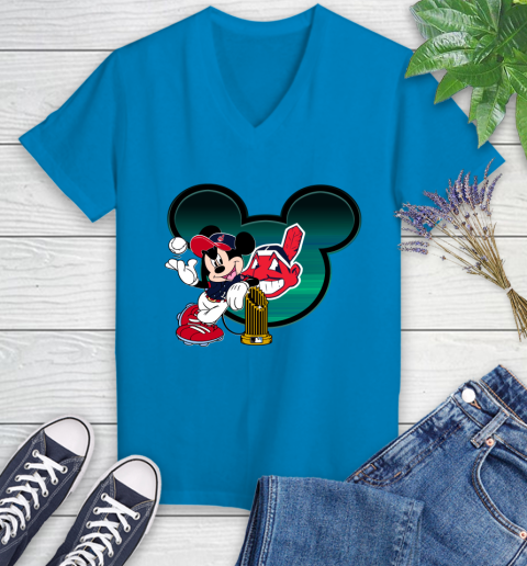 MLB Cleveland Indians The Commissioner's Trophy Mickey Mouse Disney Women's V-Neck T-Shirt 7