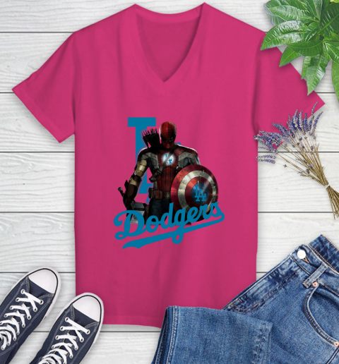 MLB Captain America Thor Spider Man Hawkeye Avengers Endgame Baseball Los Angeles Dodgers Women's V-Neck T-Shirt 9