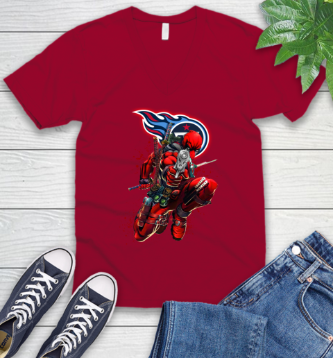NFL Deadpool Marvel Comics Sports Football Tennessee Titans V-Neck T-Shirt 8